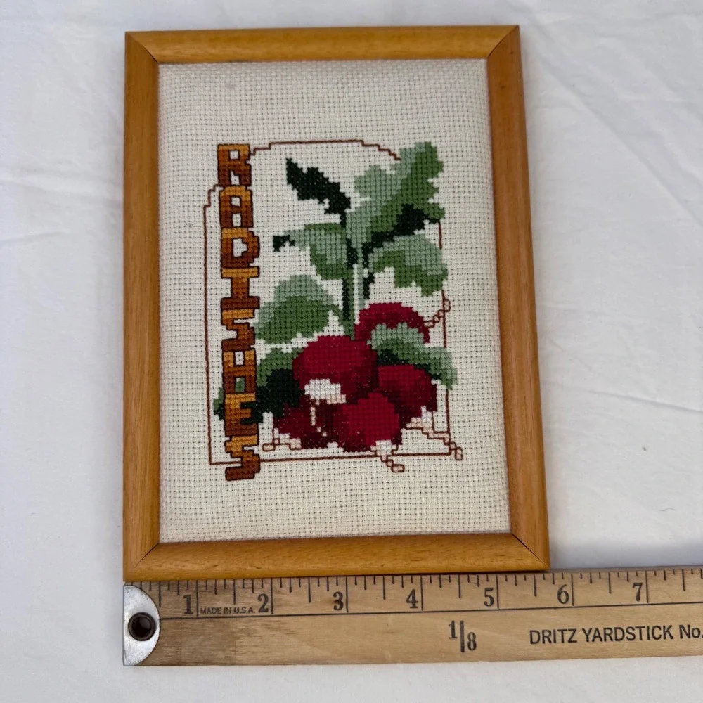 Vintage Radishes Cross Stitch Framed Wall Art Kitchen Decor Farmhouse 6x8